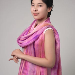 Pink Lilac & Purple Hand-Dyed Silk Scarf | 100% Mulberry Silk | Brushstroke Pattern Wrap | Artisan Made in Vietnam | Gift for Her
