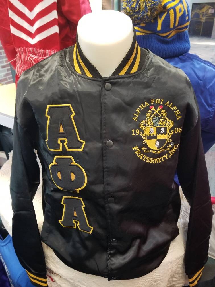 alpha phi alpha satin bomber