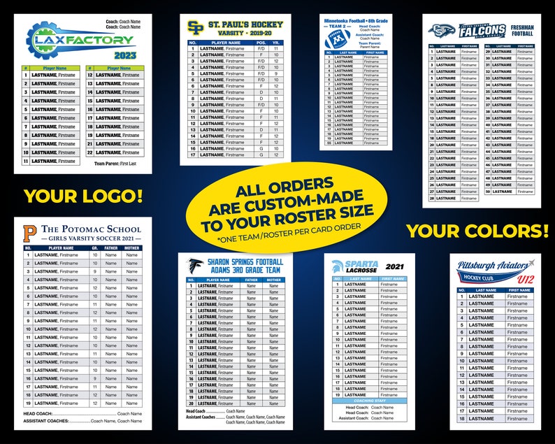 Sports Team Lineup Roster Cards (football, Basketball, Baseball, Soccer ...