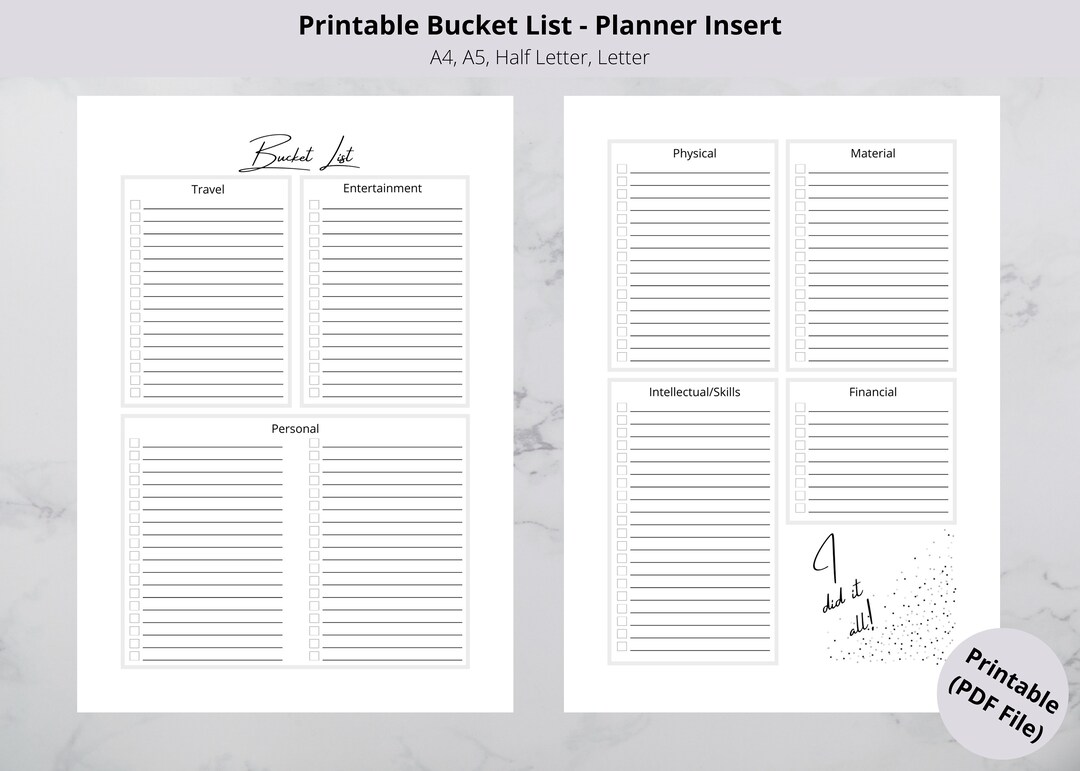 Printable Bucket List Planner Insert Digital Download Etsy