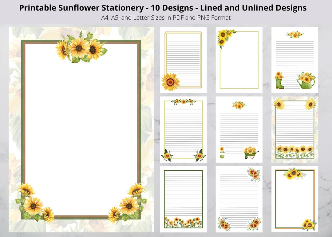 Printable Sunflower Stationery 10 Designs Lined and Etsy