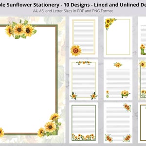 Printable Sunflower Stationery 10 Designs Lined and - Etsy