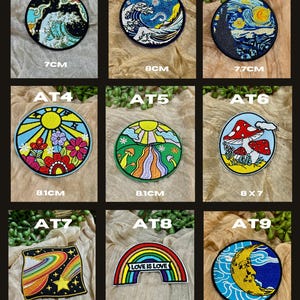 May include: A collection of embroidered patches with various designs. Includes a wave, a starry night scene, a sun with flowers, a rainbow with a message, and a crescent moon. Sizes range from 7cm to 8.4cm.