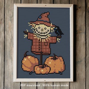 Hay there! – cross stitch pattern (pdf digital download) - scarecrow with a crow in a pumpkin patch - spooky halloween autumn fall orange
