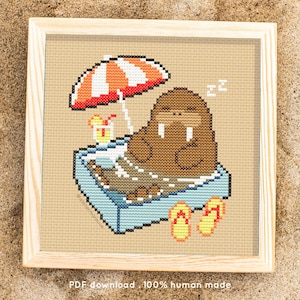 Summer Dreams – cross stitch pattern (pdf digital download) – slapende walrus zon strand zwembad cocktail slippers parasol schaduw