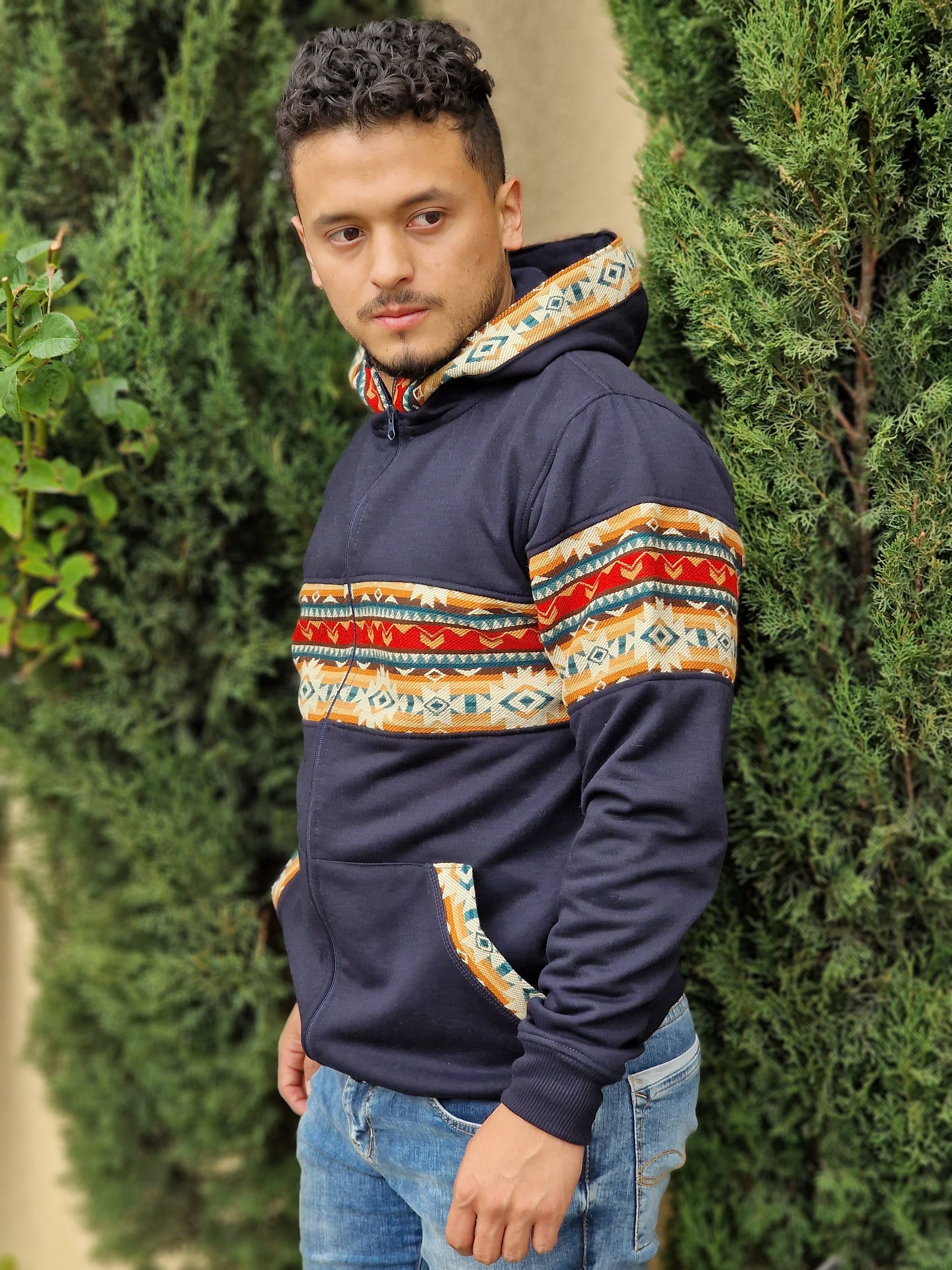 Comprar Sudaderas con capucha con cremallera para hombre, abrigos Parka de  lana de invierno, chaquetas con gráficos étnicos tribales, sudaderas,  abrigo con capucha y cremallera