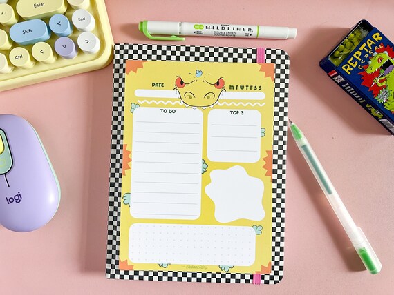90s Stationery, Nostalgic Memo Pad, Retro Todo list Green Dinosaur cartoon 90s kids cartoon