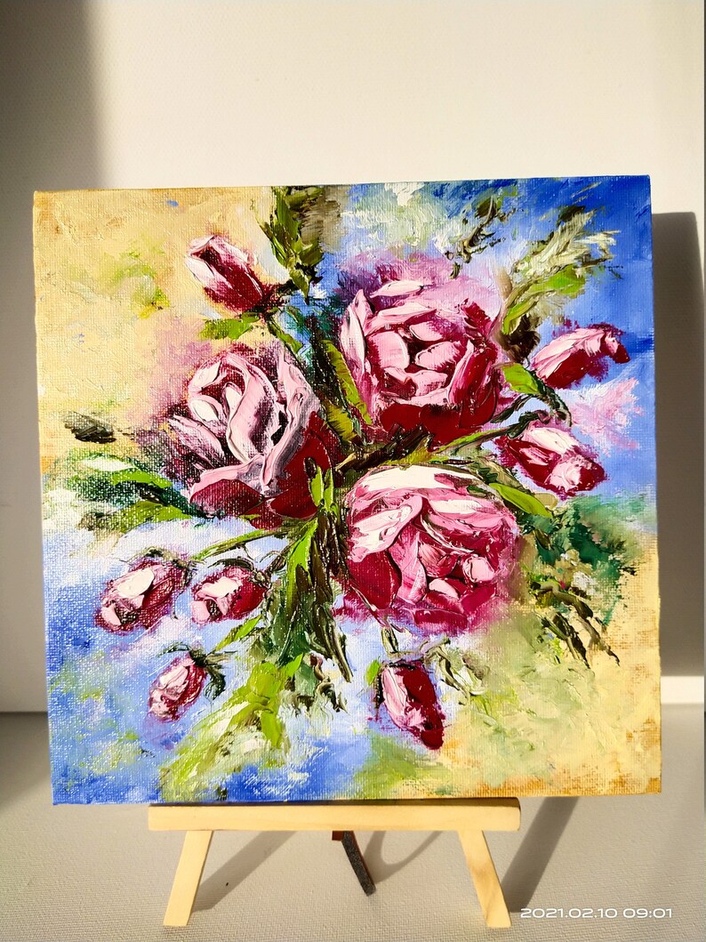 Roses Artwork Floral Oil Painting Original Art Flower Mini Bouquet Wall Art 8 by 8 by ArtOxanaShop