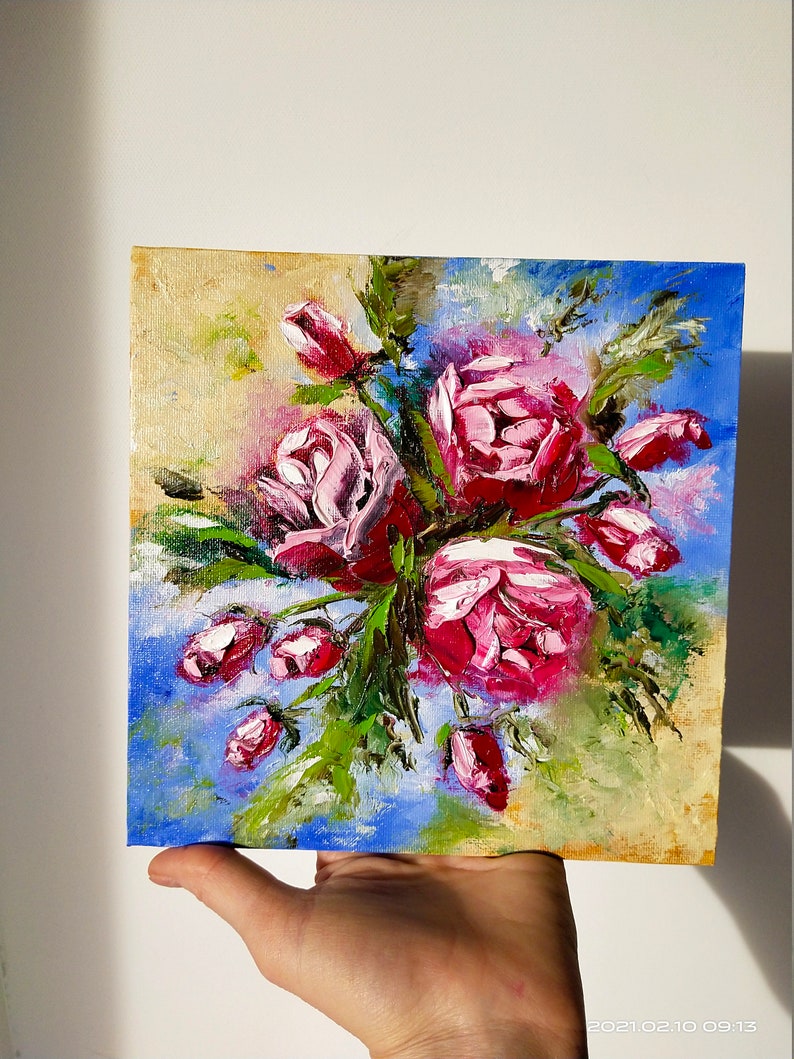Roses Artwork Floral Oil Painting Original Art Flower Mini Bouquet Wall Art 8 by 8 by ArtOxanaShop
