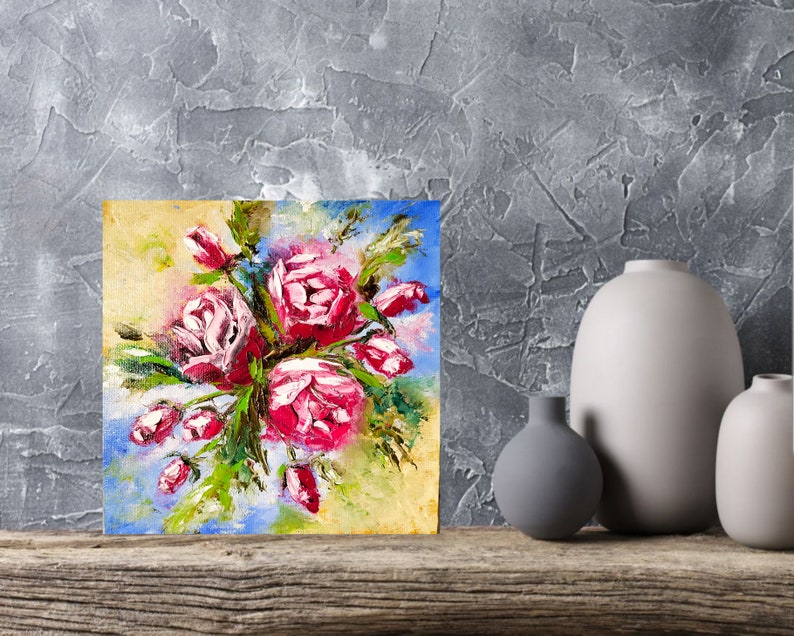 Roses Artwork Floral Oil Painting Original Art Flower Mini Bouquet Wall Art 8 by 8 by ArtOxanaShop