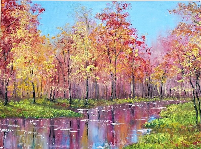 Fall Painting Original Artwork Autumn Wall Art 12 by 16 by Oksana Stepanova
