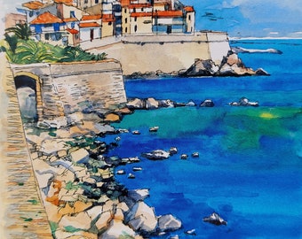 Original handgemaltes Aquarellgemälde der Altstadt von Antibes (Côte d'Azur, Frankreich)