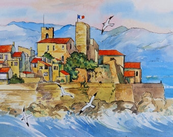 Aquarelle originale peinte à la main de la vieille ville d'Antibes (Côte d'Azur, France)