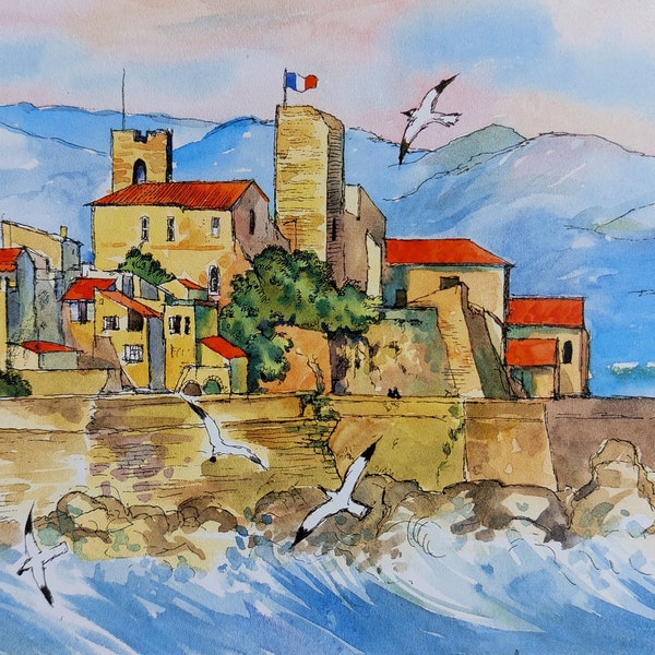 Original hand-painted watercolour painting of the old town of Antibes (Côte d'Azur, France)