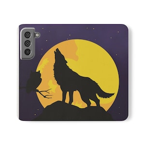 May include: A phone case featuring a silhouette of a howling wolf against a large yellow moon. An owl sits on a branch to the left. The background is a dark purple with small white stars.