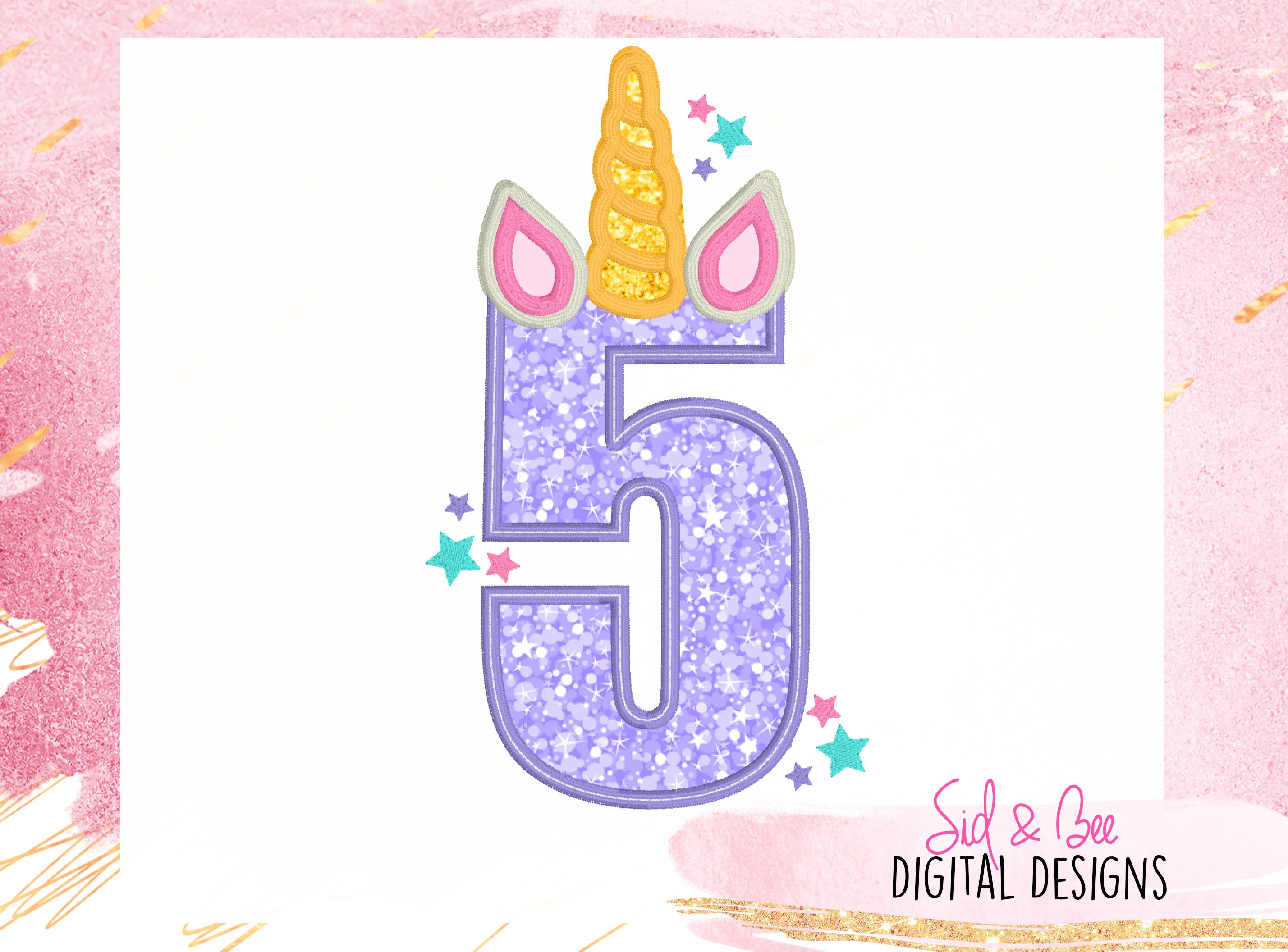 ユニコーン、5歳の誕生日、3番目のユニコーン、ユニコーンのアップリケ、刺繍デザインパターン、ユニコーンの数字、女の子、5、4X4 5x7 6x10 即時ダウンロード