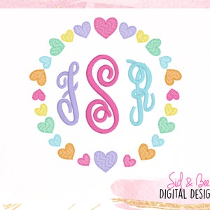 May include: A monogram design with the letters F, S, and R in a circle of colorful hearts. The letters are in a cursive font and are in shades of pink, blue, and purple. The hearts are in shades of pink, yellow, blue, and green.