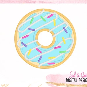 May include: A blue frosted donut with white icing and colorful sprinkles. The donut is isolated on a white background.