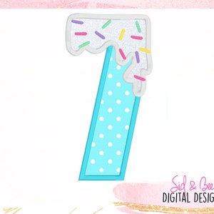 Seventh birthday, icing, Number Applique, sprinkles, seven, Embroidery, birthday number, donut, 7, girls, treat, 4X4 5x76X10 INSTANTDOWNLOAD