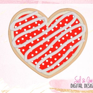 May include: A red heart-shaped cookie with white frosting and white polka dots. The frosting is swirled in a pattern.