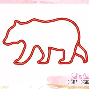 May include: Red outline of a bear silhouette. The bear is walking with its head turned to the left.
