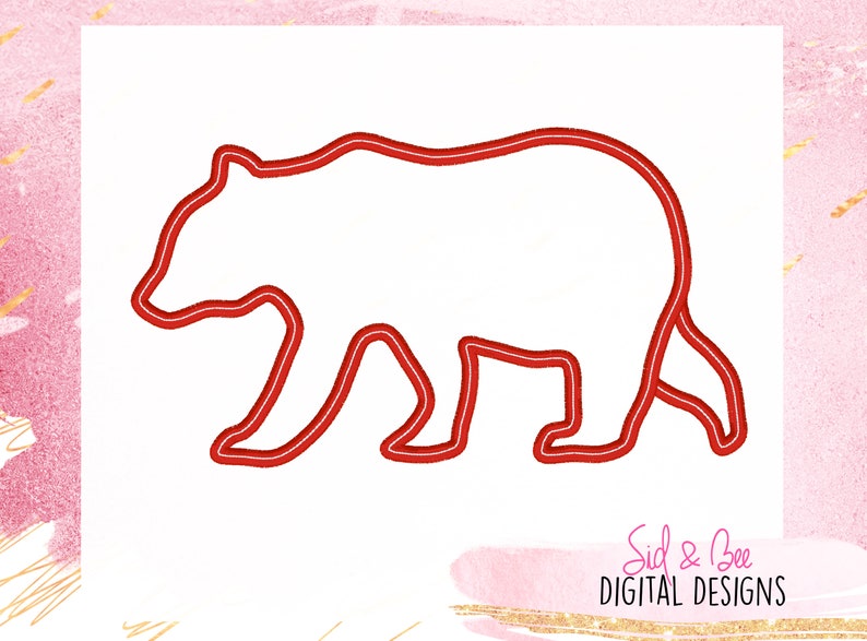 May include: Red outline of a bear silhouette. The bear is walking with its head turned to the left.