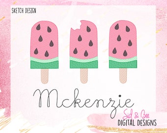 May include: Three watermelon popsicle designs with the name McKenzie written below. The design is in a sketch style and is perfect for embroidery.