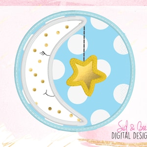 May include: A blue and white polka dot circle with a white crescent moon with a gold star hanging from it. The text "Sid & Bee DIGITAL DESIGNS" is at the bottom of the image.
