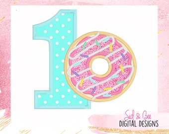 ドーナツ、1歳の誕生日、1つのドーナツ、ドーナツのアップリケ、刺繍デザインパターン、ドーナツの数字、4X4 5x7 6x10 即時ダウンロードが利用可能になりました