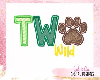 May include: Green and yellow embroidered letters spelling "TWO" with a brown paw print and the word "Wild" in yellow embroidery.