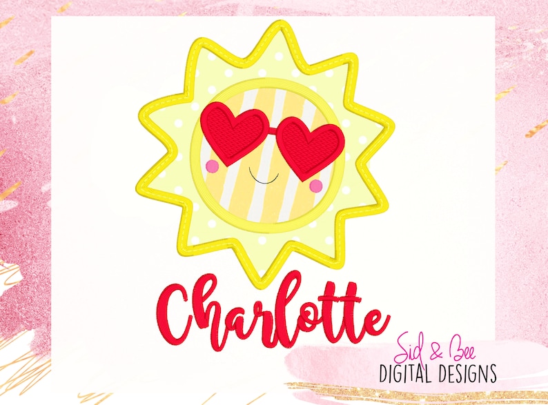 May include: A yellow sun with a smiling face wearing red heart-shaped sunglasses. The name Charlotte is written in red below the sun. The text "Sid & Bee DIGITAL DESIGNS" is in the bottom right corner.