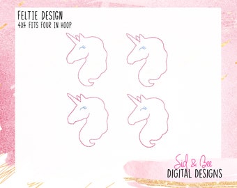 May include: Four white unicorn head outlines, each with a blue eye and eyelashes, are arranged in a square pattern on a white background. The text "FELTIE DESIGN" and "4X4 FITS FOUR IN HOOP" is at the top of the image. The text "Sid & Bee DIGITAL DESIGNS" is at the bottom of the image.