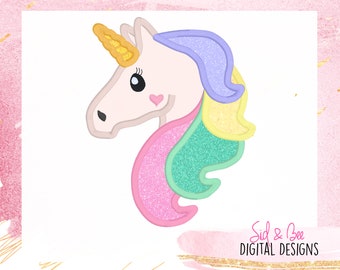 May include: A white unicorn head with a yellow horn and a rainbow mane. The unicorn has a pink heart on its cheek.