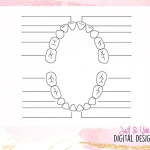 May include: A black and white printable chart for tracking a child's teeth. The chart shows a simple outline of a mouth with teeth and lines for recording the date each tooth comes in.