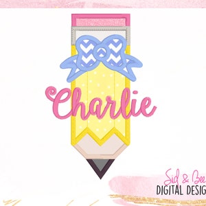 Pencil applique, back to school, preschool, Embroidery, girls, bow, pencil embroidery, school applique , 4X4 5x7 6X10 INSTANT DOWNLOAD