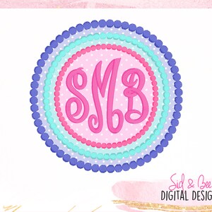May include: A pink monogram with the letters "SMB" in a circle surrounded by layers of blue, purple, and turquoise circles with white polka dots.