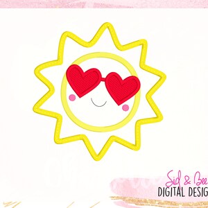 May include: A yellow sun with a smiling face wearing red heart-shaped sunglasses.