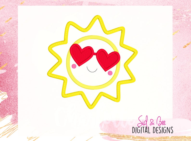 May include: A yellow sun with a smiling face wearing red heart-shaped sunglasses.