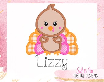 Turkey Applique, thanksgiving embroidery, turkey, Embroidery Design, first thanksgiving, girl turkey, cute, 4X4 5x7 6x10 INSTANT DOWNLOAD