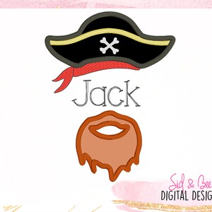 May include: Embroidered design of a pirate with a black and gold hat, red bandana, and a brown beard. The name "Jack" is embroidered below the hat.