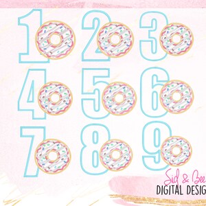 May include: A set of ten donut-shaped numbers, 1 through 10, with pink frosting and colorful sprinkles. Each number is outlined in light blue.