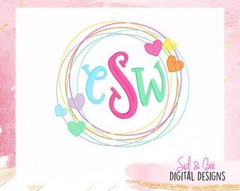 May include: A colorful monogram design with the letters "ESW" in a circle of rainbow-colored lines. The letters are pink, blue, and green. There are five small hearts around the circle in various colors.