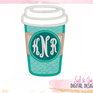 May include: A teal blue coffee cup with a white lid and a brown and white monogrammed band. The monogram is "KNR" in a white script font.