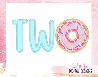 バースデードーナツ、2、2歳の誕生日、ドーナツ、ドーナツアップリケ、刺繍デザインパターン、2、4X4 5x7 6x10 即時ダウンロードが利用可能になりました