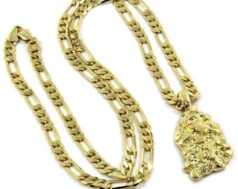 Chaîne Figaro 61 cm avec pépite d&#39;or 14 carats + pendentif