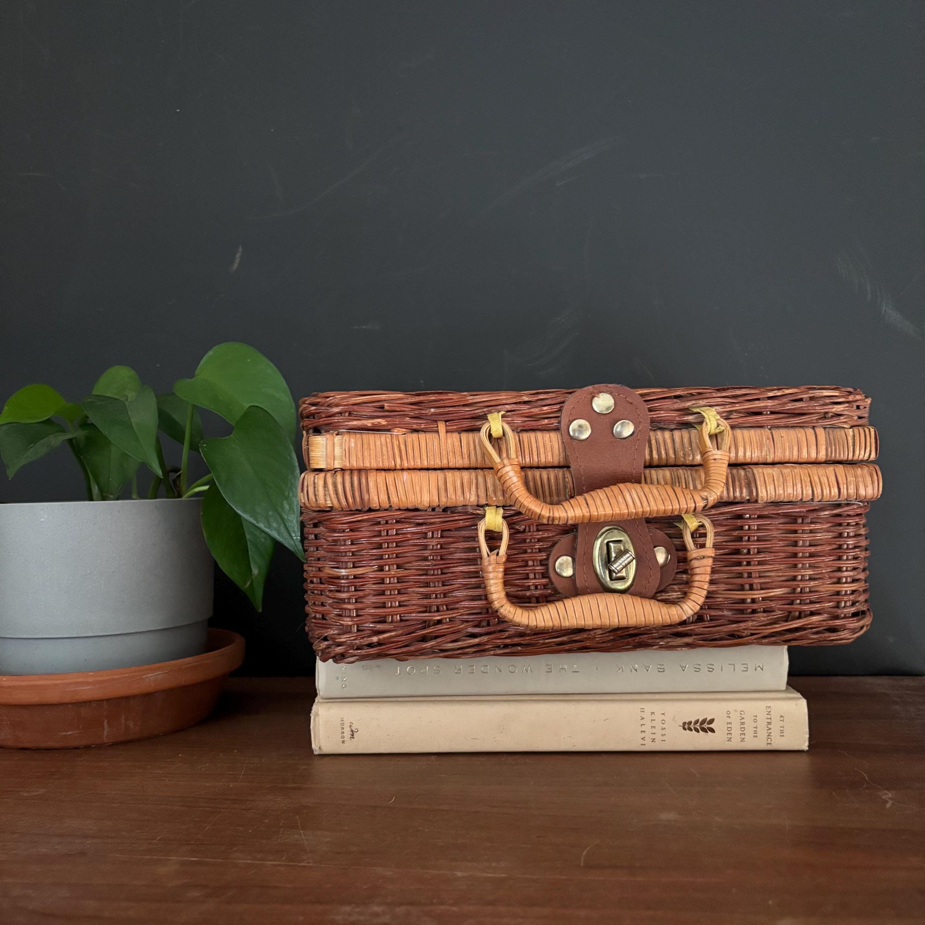 Vintage Small Wicker Picnic Basket, Square Picnic Box With Handles