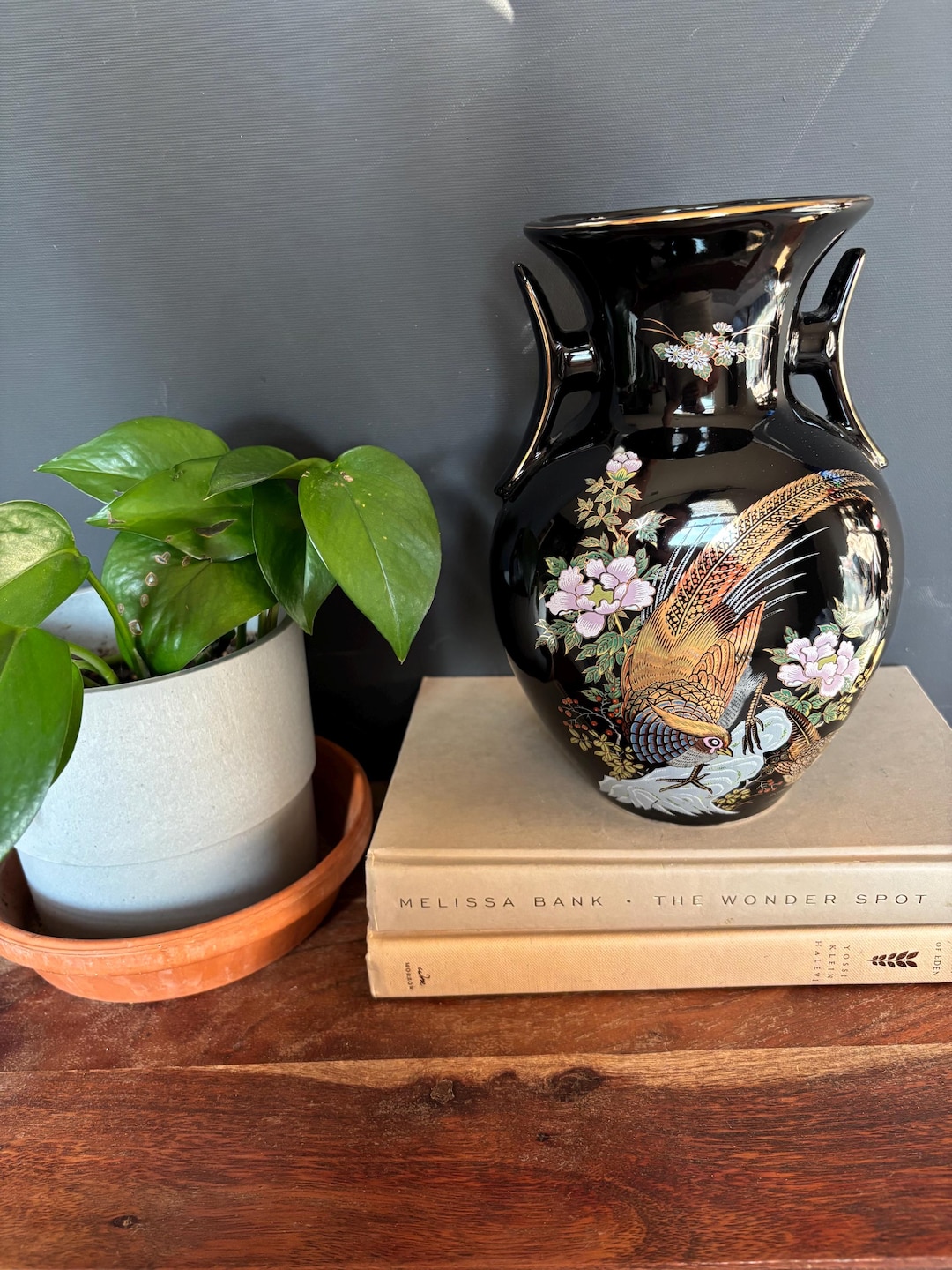 Vintage Japanese Porcelain Vase Black Peacock Floral Design Japan