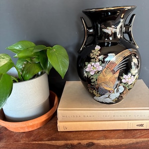 Vintage Japanese Porcelain Vase Black Peacock Floral Design Japan 8.5 In Tall