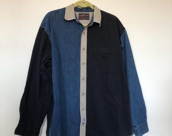 Mens Vintage Authentic GFC Jeans Wear Button Up Long Sleeve Shirt Color-block
