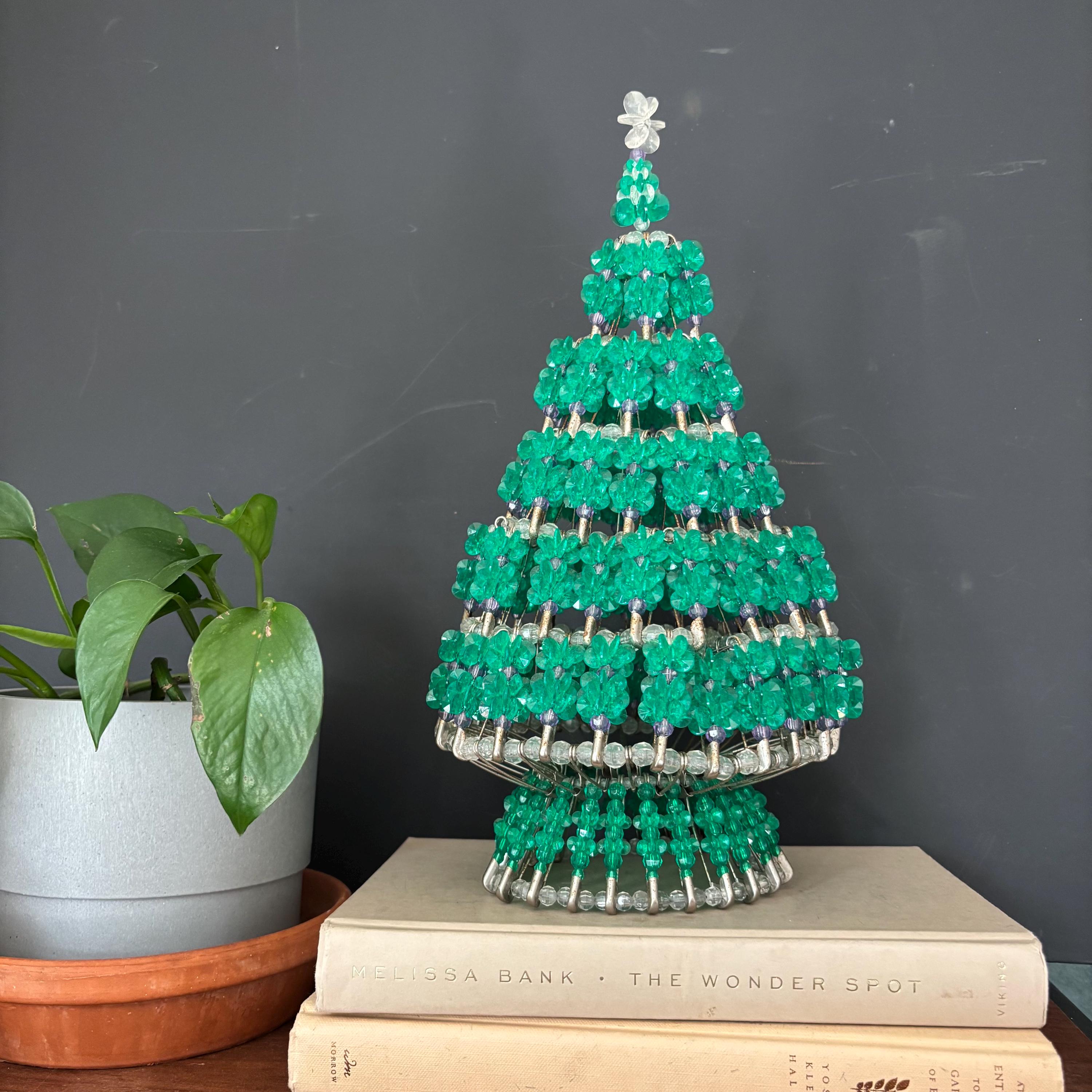 安全ピン クリスマスツリー グリーンビーズ ハンドメイド 高さ12.5